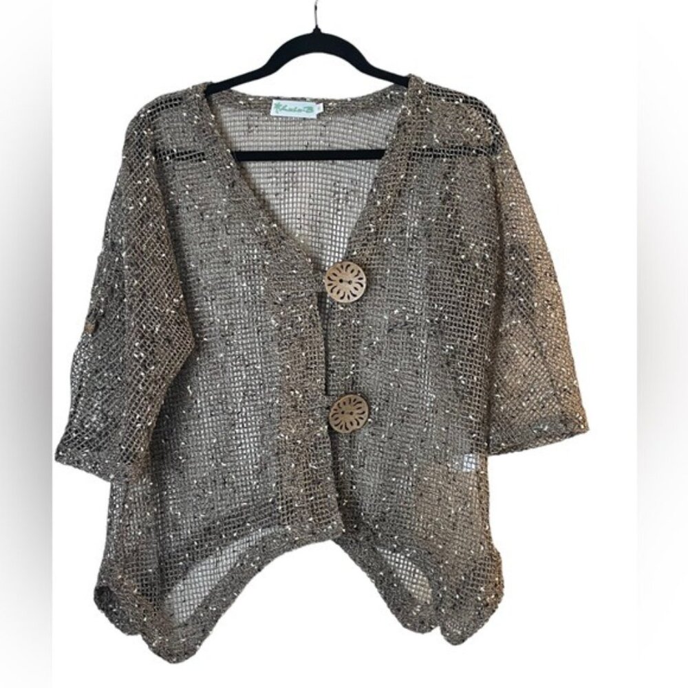 Lulu-B Vintage Open Knit Cardigan Boho Beach Kimono Layering Top Brown Medium - Picture 3 of 9